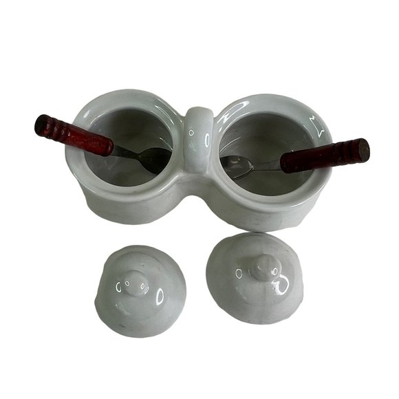 Double Condiment Cup Ceramic Jelly Jam Relish Server with Spoons - Picture 2 of 8